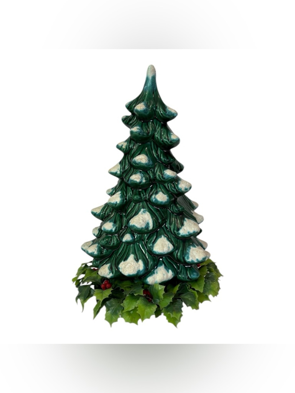 Vintage Holland Mold Ceramic Green Christmas Tree Frosted White Blue 10"